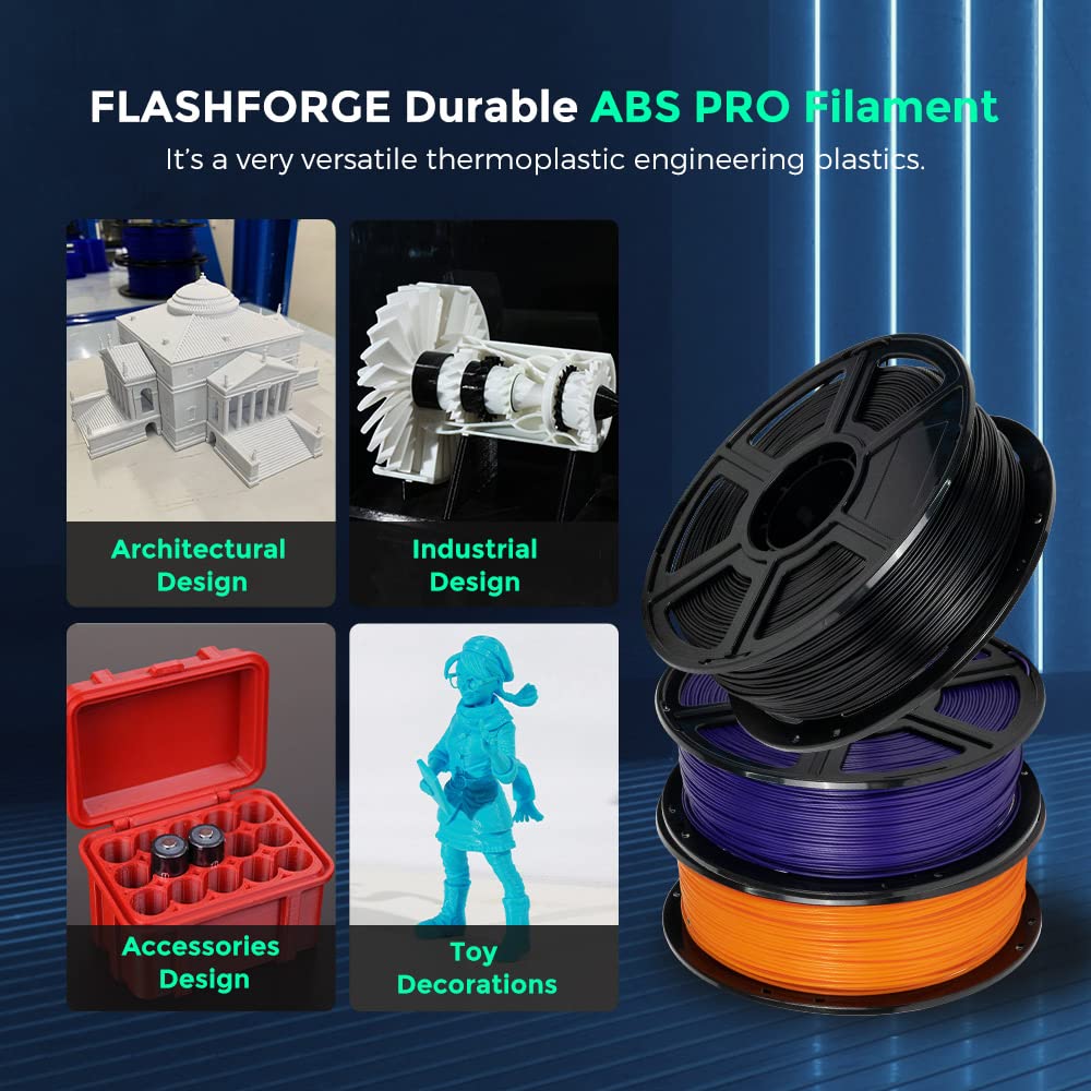 FLASHFORGE ABS PRO Filament pour imprimante 3D, filaments résistants à la chaleur, bobine de 1kg (2.2lbs), précision dimensionnelle +/- 0.02 mm, consommables ABS solides et durables (Noir)