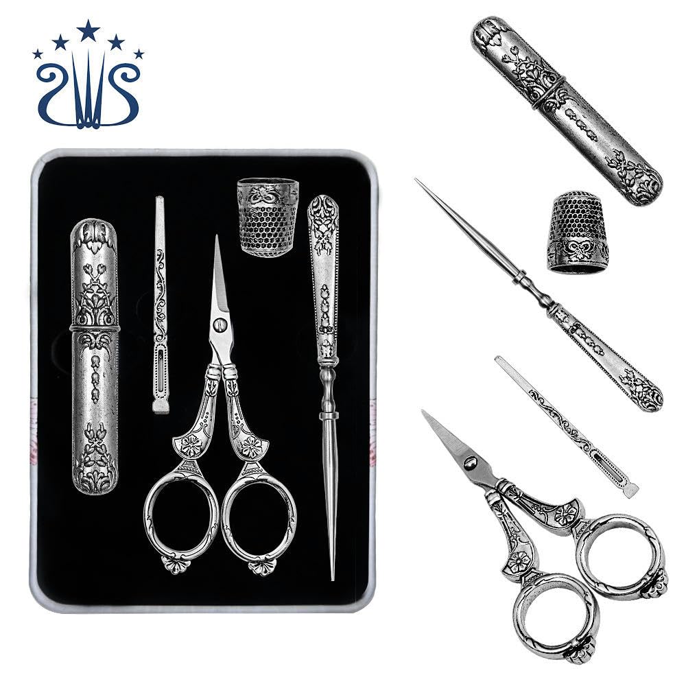 Juego de Tijeras de Costura Vintage con Estuche de Almacenamiento de Agujas de Metal, 5 Piezas, Kit de Bordado y Herramienta de Artesanía para Costureras, Artesanos y Diseñadores