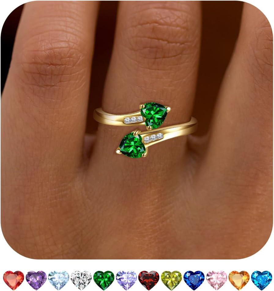 1CT Adjustable Women Heart Ring 14K Gold Plated Birthstone Rings for Women Promise Ring for her Simulated Gemstone Statement Stackable Band Width 2mm Open Size 5~9