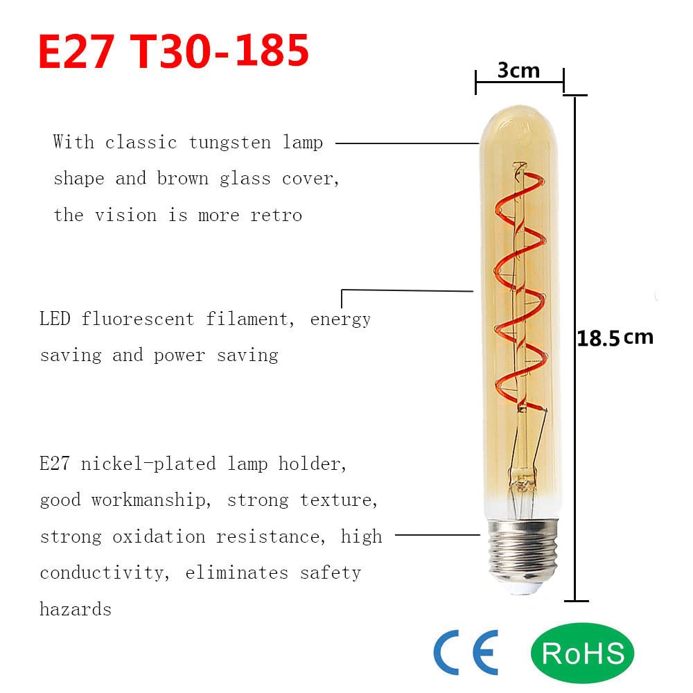 8 Pezzi Lampadine Edison Retro Vintage T30-180 E27 4W (Sostituiscono Lampadina Alogena 40W)Bianca Calda 2200K Tubo 400lm T30 Filamento LED E27 Vetro Ambrato Non Dimmerabile AC220-240V
