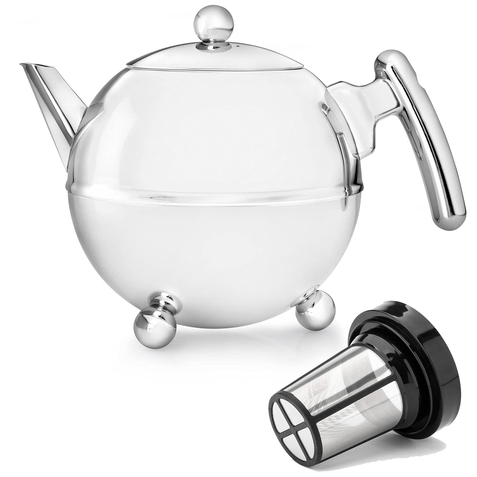 Bredemeijer Bella Ronde Edelstahl-Teekannen-Set 1.2 L - Große doppelwandige Edelstahlkanne in Kugelform mit Füßen, silber - Mit Tee-Filter Sieb-Aufsatz für losen & Blätter-Tee