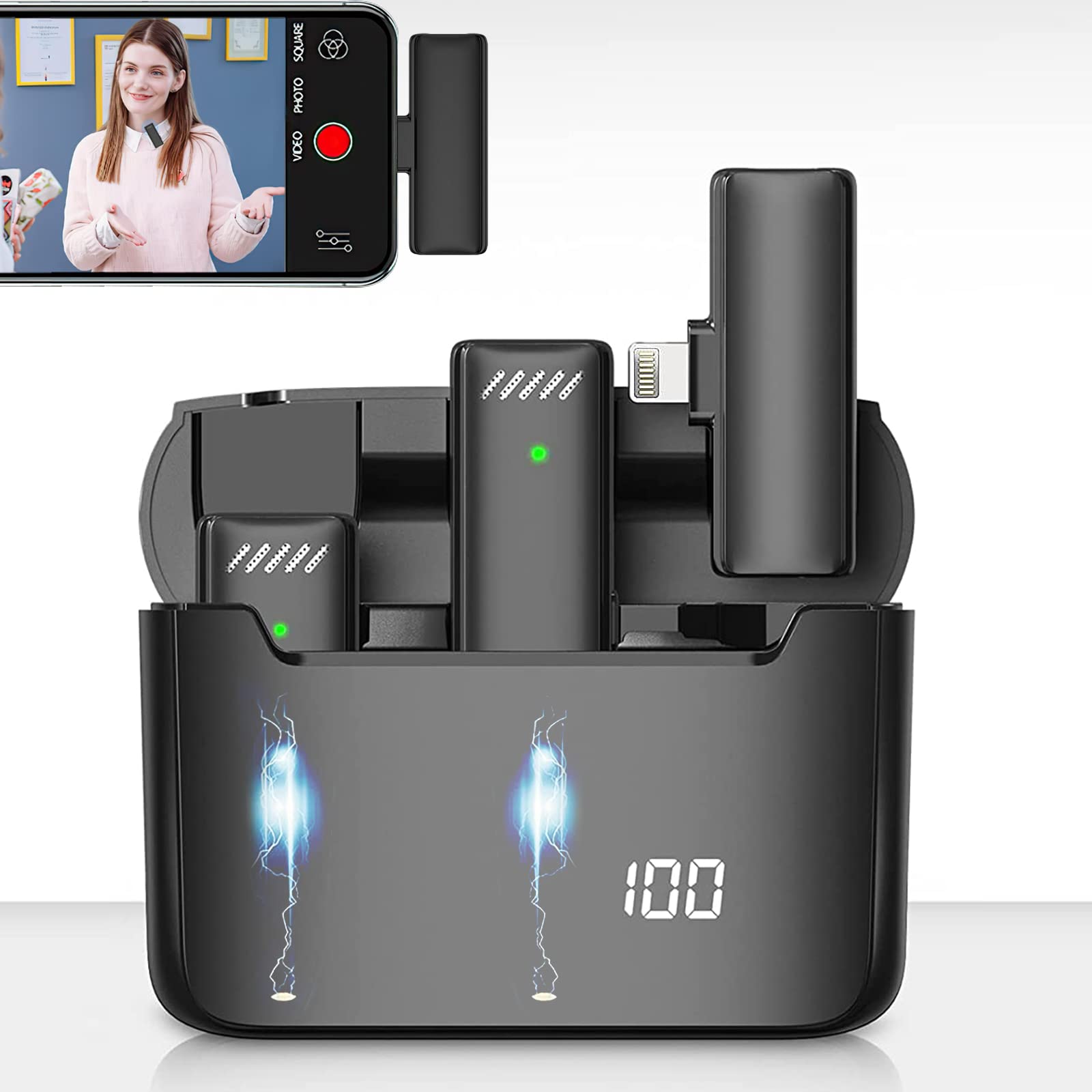 GOUPRAYEE 2 Pack Wireless Lavalier Microphone for iPhone iPad with Charging Case，Professional Tiny Omnidirectional Cordless Lapel Microphone Wireless，iPhone Microphone for Video Recording