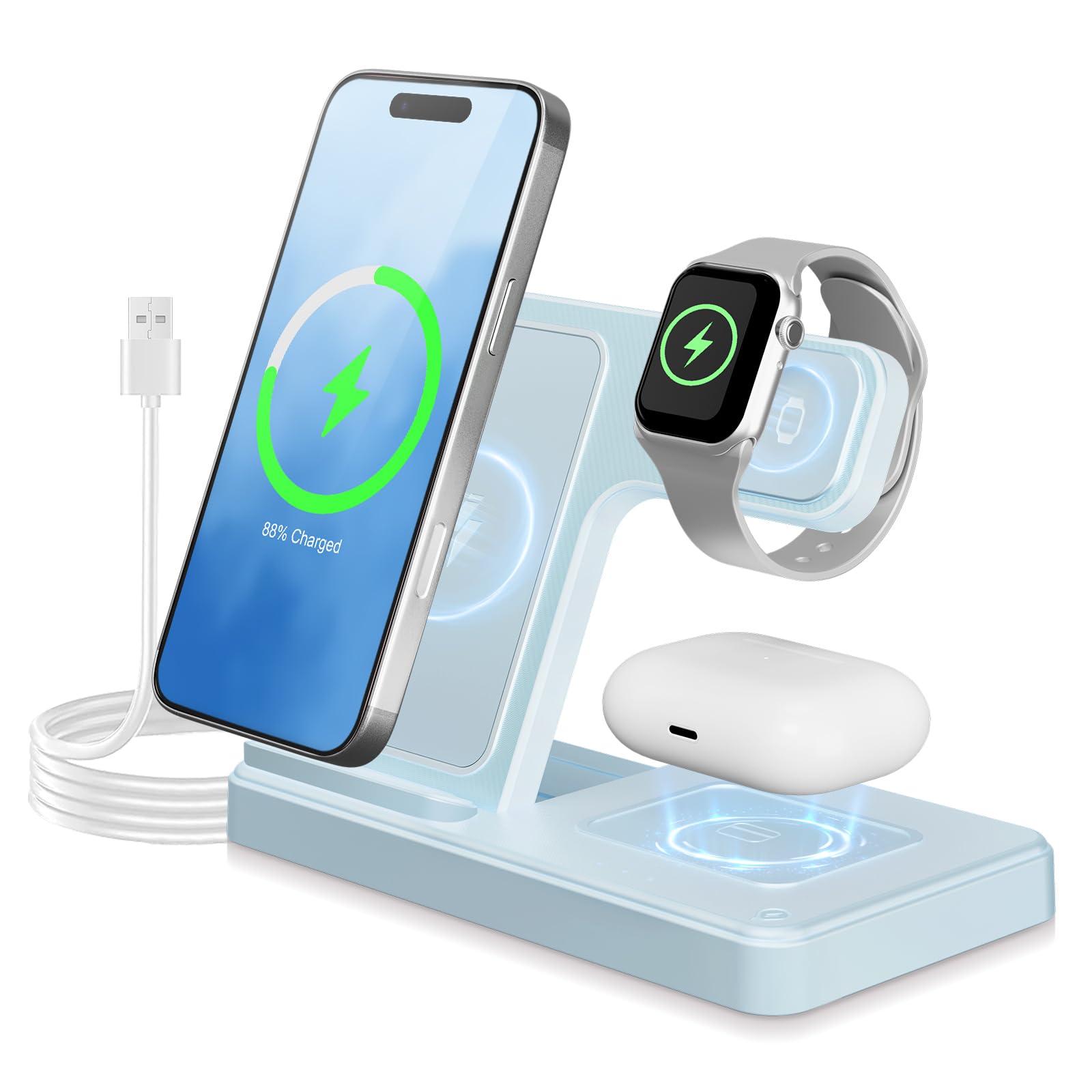 3 in 1 Wireless Charging Station for iphone Fast Wireless Charger Stand for Apple Watch, for Airpods Pro 4 3 2, for iphone 17/16/15/14/13/12/11/8/XS/XR/X/SE(No Plug Included) (White) — view 9