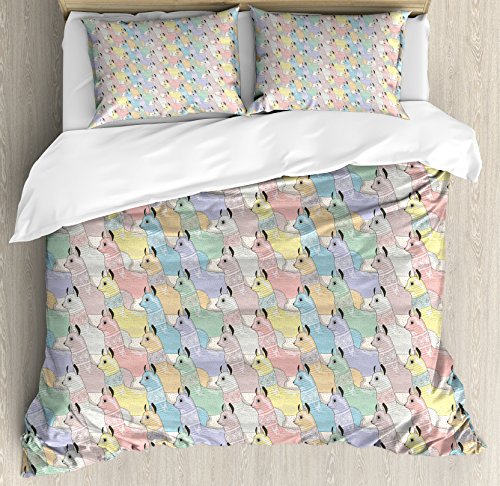 Ambesonne Teen Room Duvet Cover Set, Little Alpacas Pattern Soft Toned Camel Animal Folkloric Print, Decorative 3 Piece Bedding Set with 2 Pillow Shams, Queen Size, Multicolor