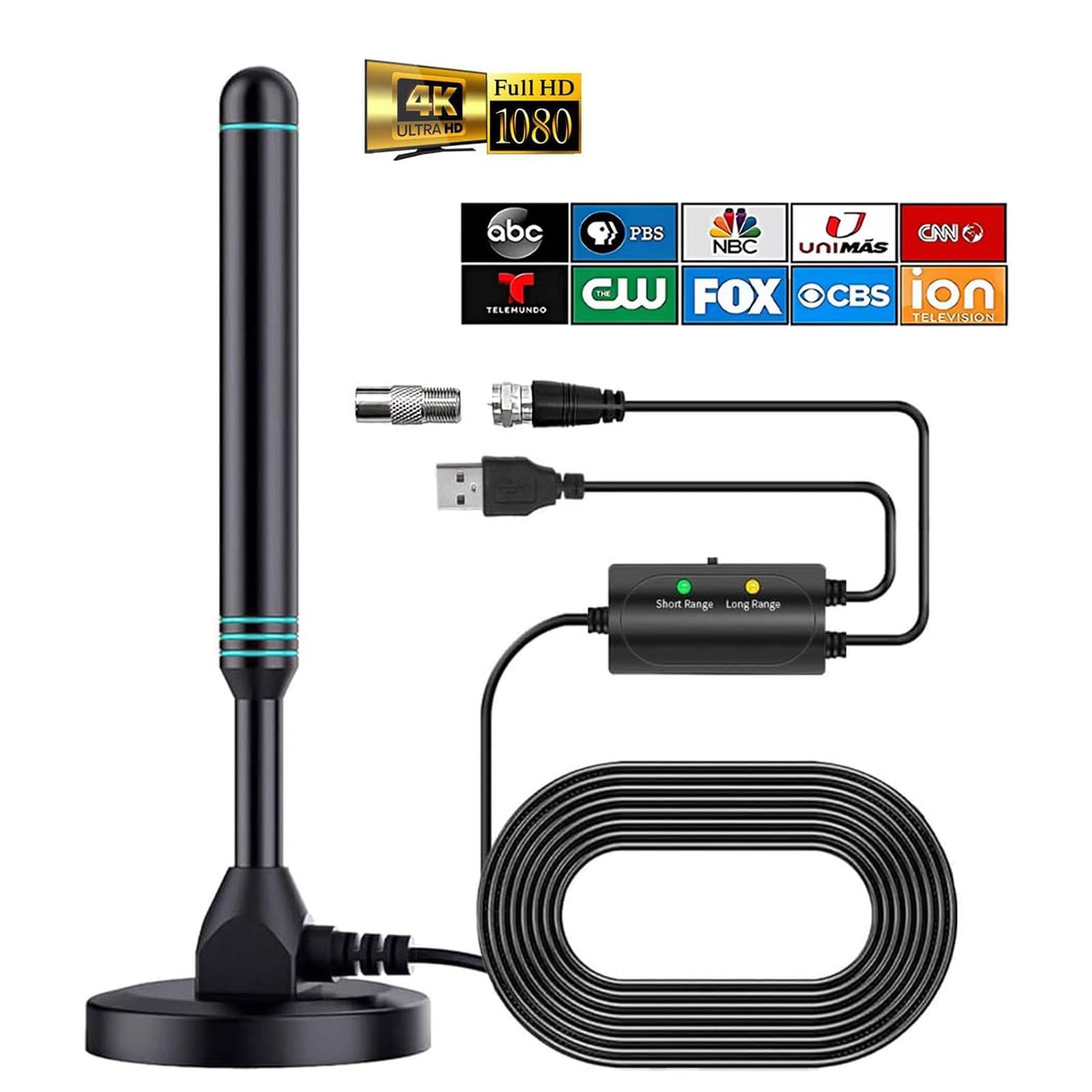 KASTWAVE TV Antenna for Smart TV, TV Antenna for Smart TV Indoor - Magnetic Base, Support 4K 1080p Channels, with Amplifier Signal Booster, 480 Miles Long Range, 360掳Signal Reception, 16.5ft Cables