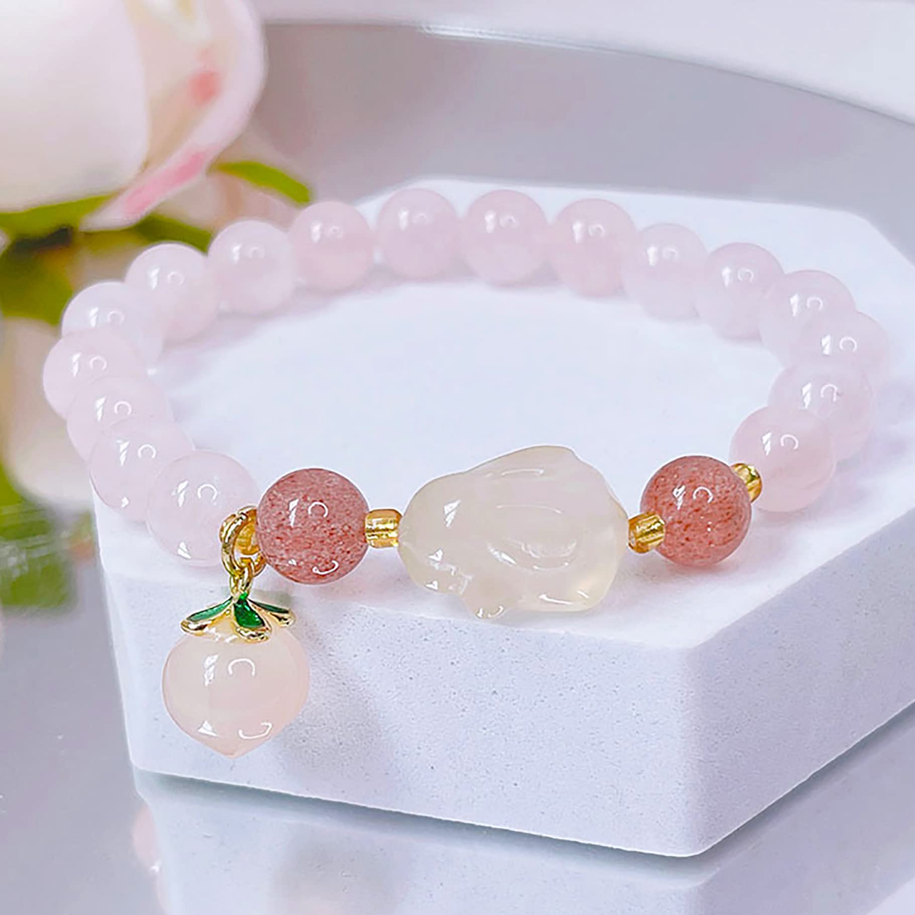 Bracciale Feng Shui, Bracciale in Quarzo Rosa Bracciale MultiWealth 8 mm Rosa Pesca Coniglio Corniola Bianca Talismano per Il Chakra del Coniglietto Amuleto per Amore Prosperità