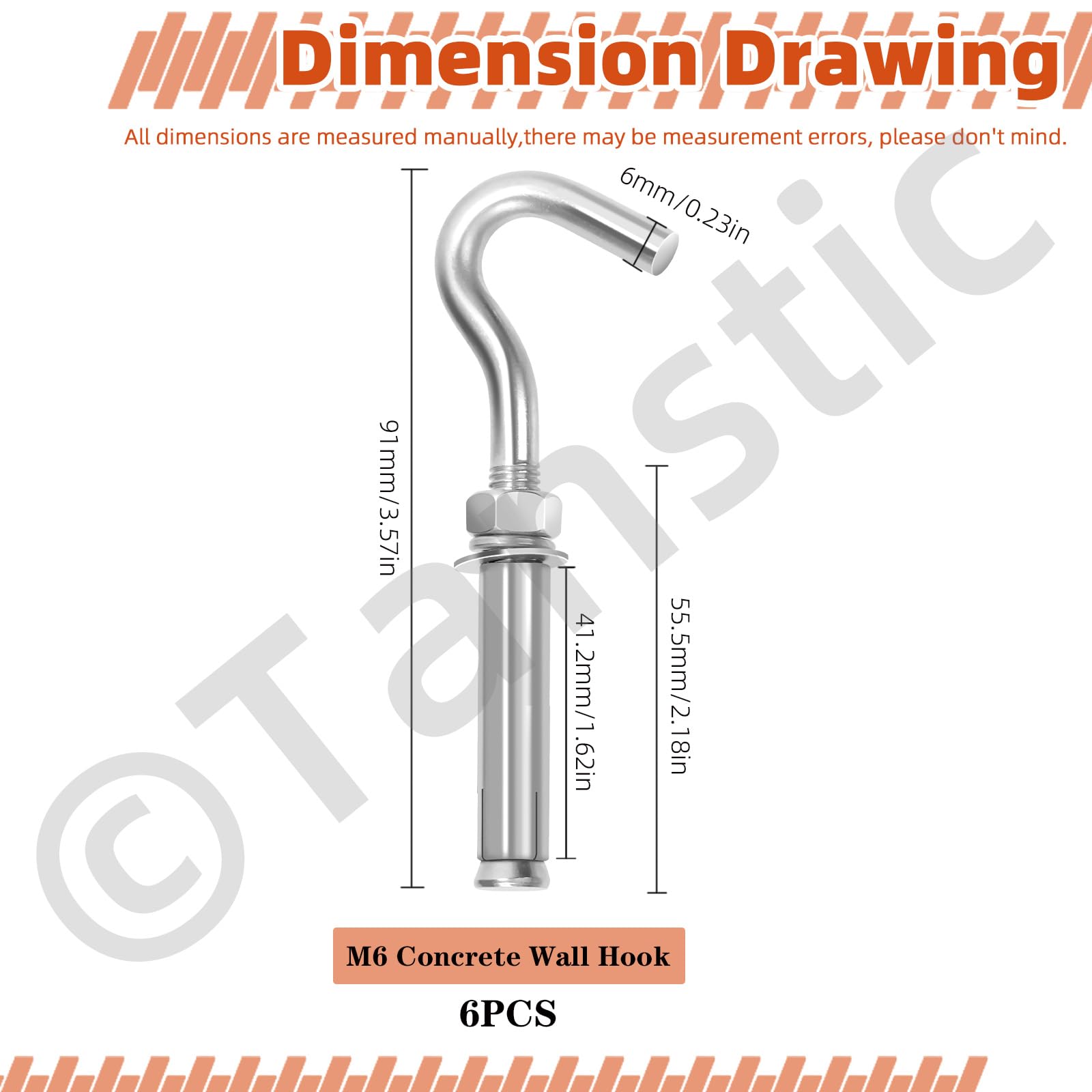 Tanstic 6Pcs M6 Concrete Wall Hook 304 Stainless Steel Expansion Hook Heavy Duty Open Cup Hook Expansion Bolts for Concrete Wall - Image 2