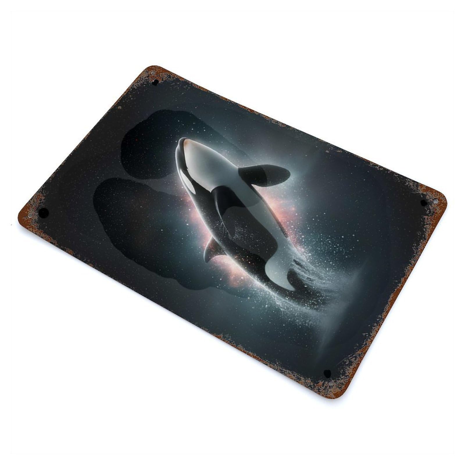 Orca Whale Leaping in Space Rusty Metal Tin Sign 11.8"x7.9", for Pub, Kitchen And Man Cave Decor, Farmhouse Wall Decor