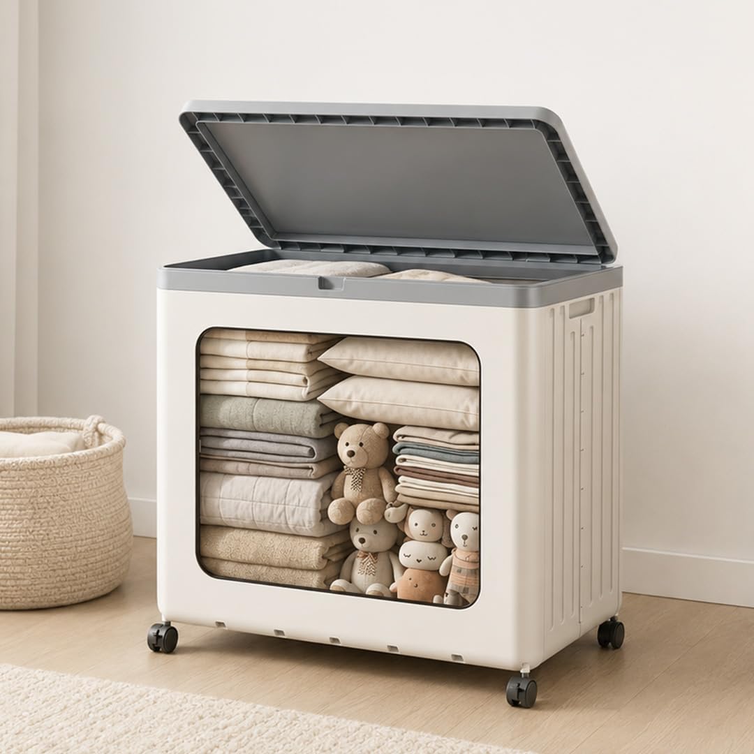 HomeEssentials Multi-Purpose Rolling Storage Bin with Flip Lid | Large Capacity Storage Box with Wheels | Dustproof Portable Container for Clothes, Toys, Books, Blankets & Household Essentials-image-12