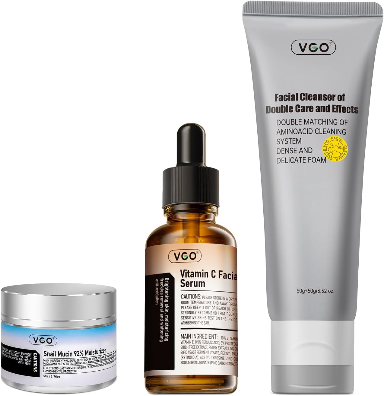 VGO Skin Care Set, with Snail Mucin 92% Moisturizer 1.76 Oz, Vitamin C Serum 1.01 Oz & Dual-Tube Facial Cleanser 3.52 Oz, Daily Routine Kit for Sensitive Skin, Vegan & Cruelty Free
