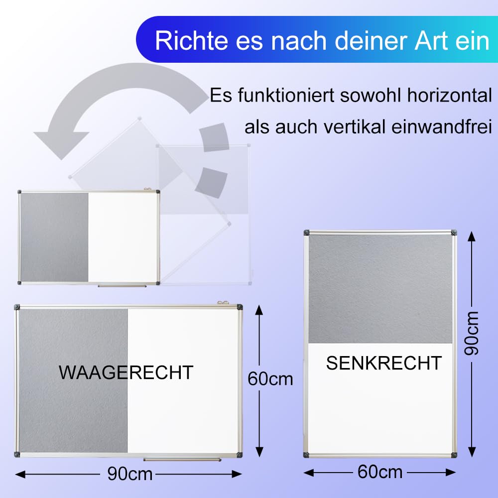 XIWODE Whiteboard Magnetisch & Pinnwand Filz - 2in1 Kombitafel: Magnettafel 90x60, Weiße Abwischbare Magnetwand, Graue Filzwand inkl. Zubehör zum Aufhängen an der Wand für Zuhause, Büro, Schule