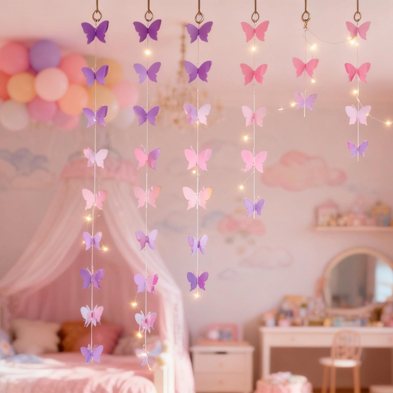 8 STK. 3D Schmetterlings-Hängedekoration, 24 STK. Bunte irisierende Schmetterlinge 12 cm, Lange Papier-Hängeschnüre für Baby Shower, Party und Baby- und Kinderzimmer