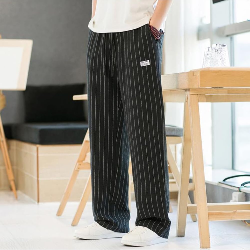 Pantaloni A Righe Da Uomo Leggero Casual Elastico in Vita Coulisse Ampio Gamba Larga Estate Dritto Pantaloni Di Lino