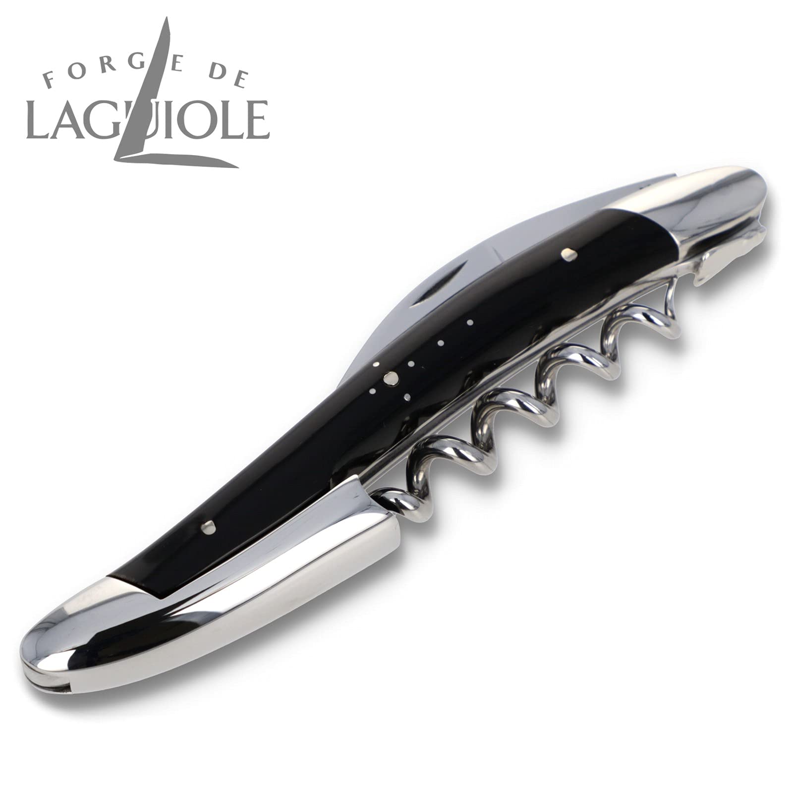 Forge de Laguiole Sommelierbesteck - Griff Büffelhorn schwarz - Edelstahl glänzend - Kellnermesser Weinöffner Frankreich