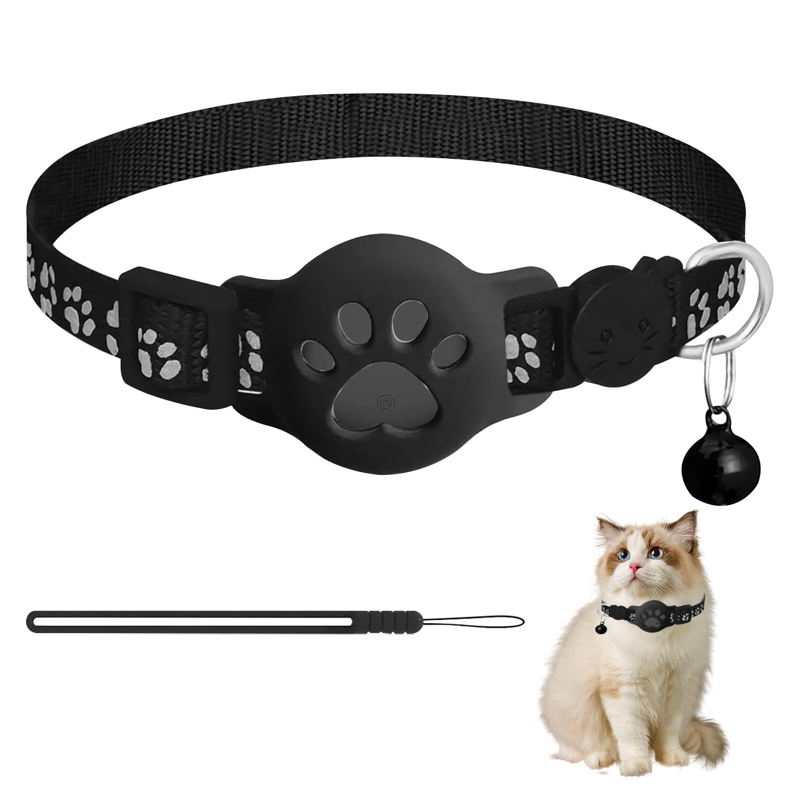 Collar Gato GPS, Diseño Impermeable y Ajustable con Tiras Reflectantes, Compatible con Dispositivos Apple y Android (Collar + rastreador Negro)