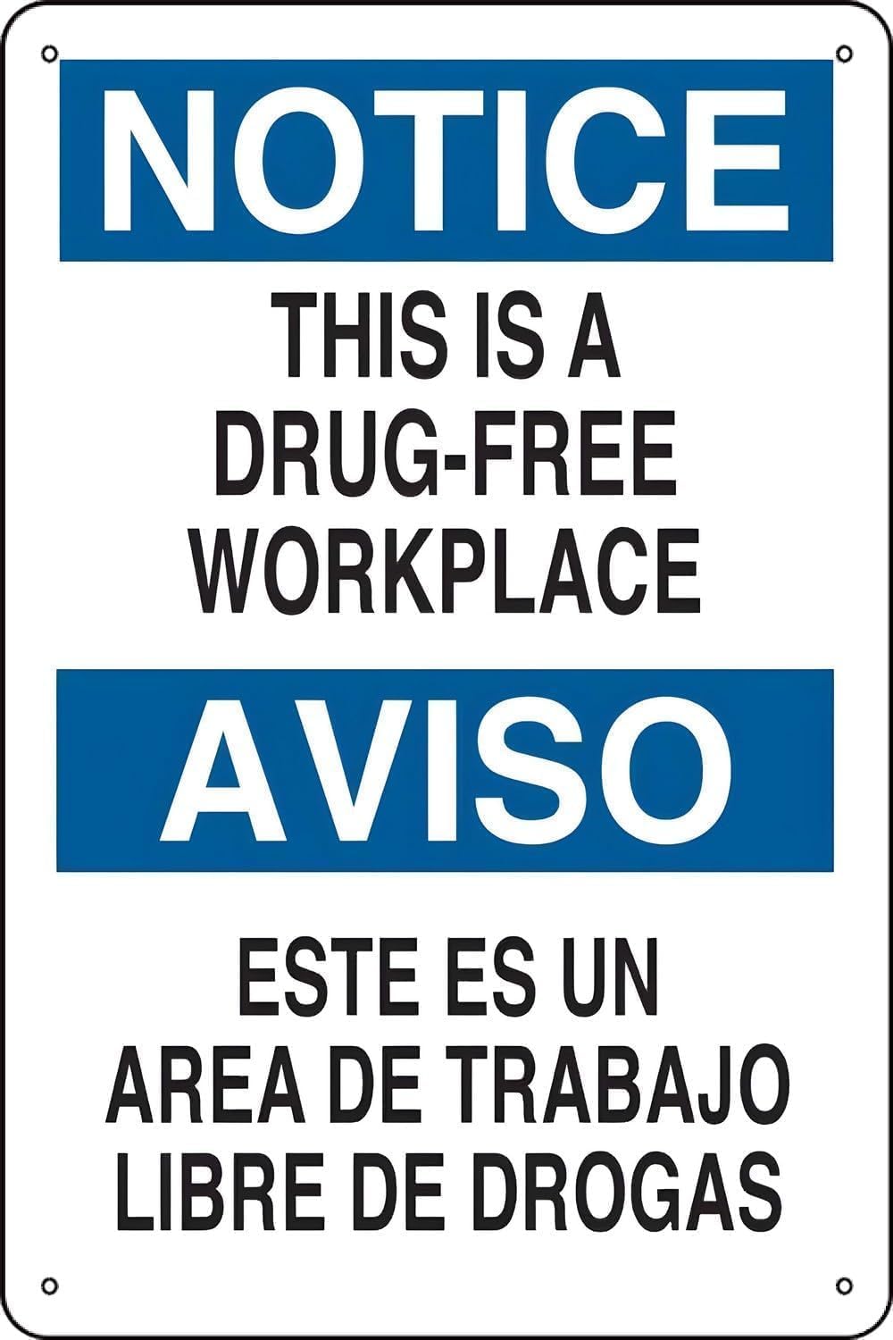 Bilingual Drug-Free Workplace Sign, Enterprise Office Compliance Safety Guide Metal Plaque 12x8 Inch