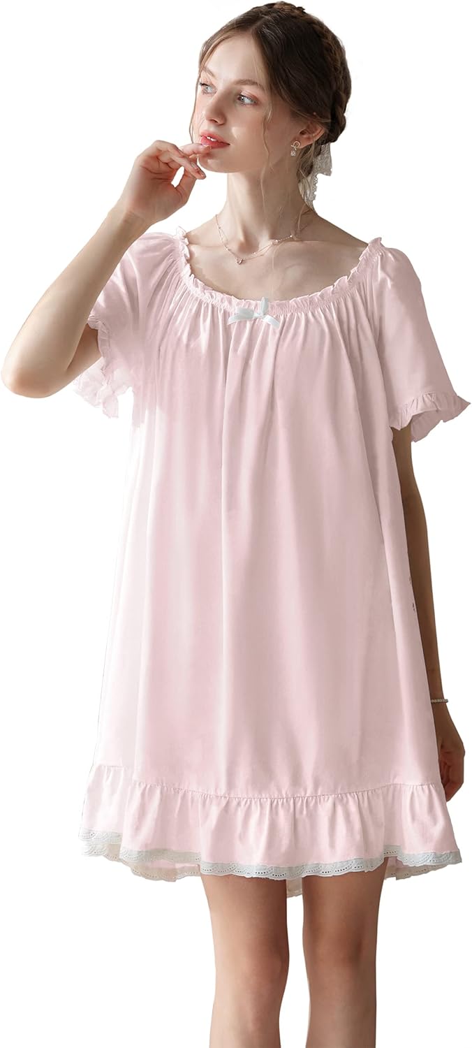 Women's Cotton Nightgowns Vintage Lightweight Gown Sets Short Sleeve Princess Nightdress - Image 3