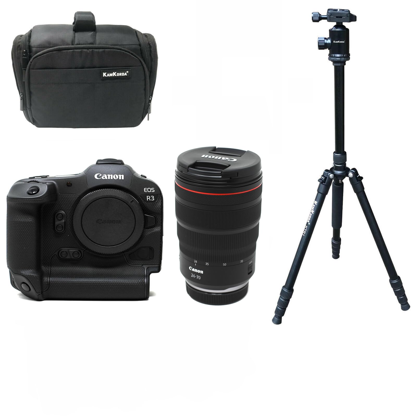 KamKordaCamera Bag + Tripod + R3 Mirrorless Digital Camera + RF 24-70mm f/2.8L IS USM, 24MP Full Frame CMOS Sensor, DIGIC X Image Processor, 6K60 Raw 4K120 10Bit Internal Video + 2 Year Warranty