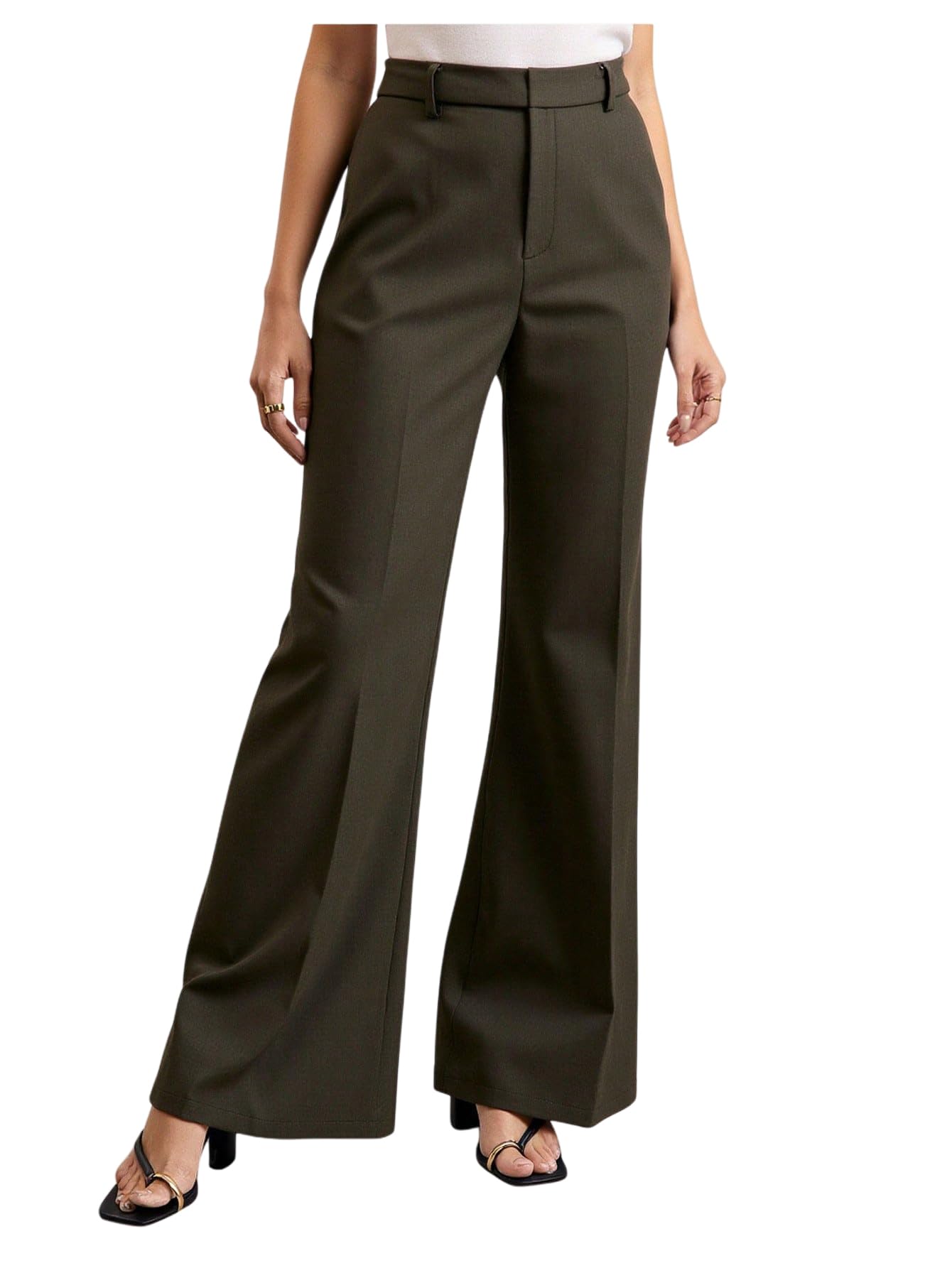 Womens Casual Mid Waisted Pants Wide Leg Back Slit Pants Button Down Trousers Office Wear