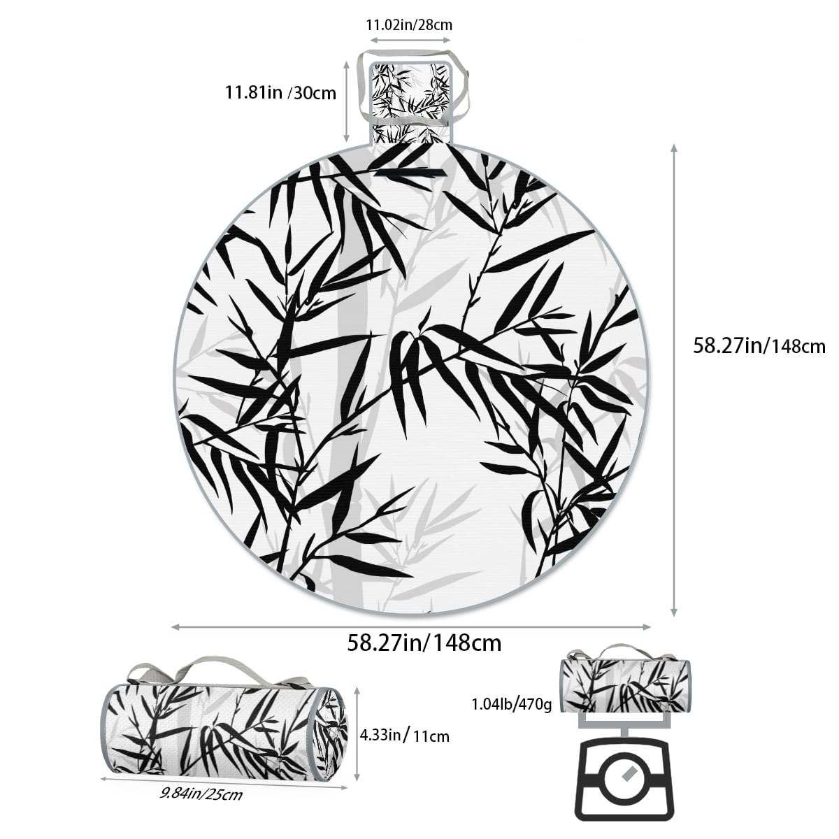 Shimoshe Leaf Print Picnic Outdoor Blanket Foldable Waterproof Sandproof Beach Blanket Portable Water-Resistant Round Picnic Mat for Travel Camping Park Lawn