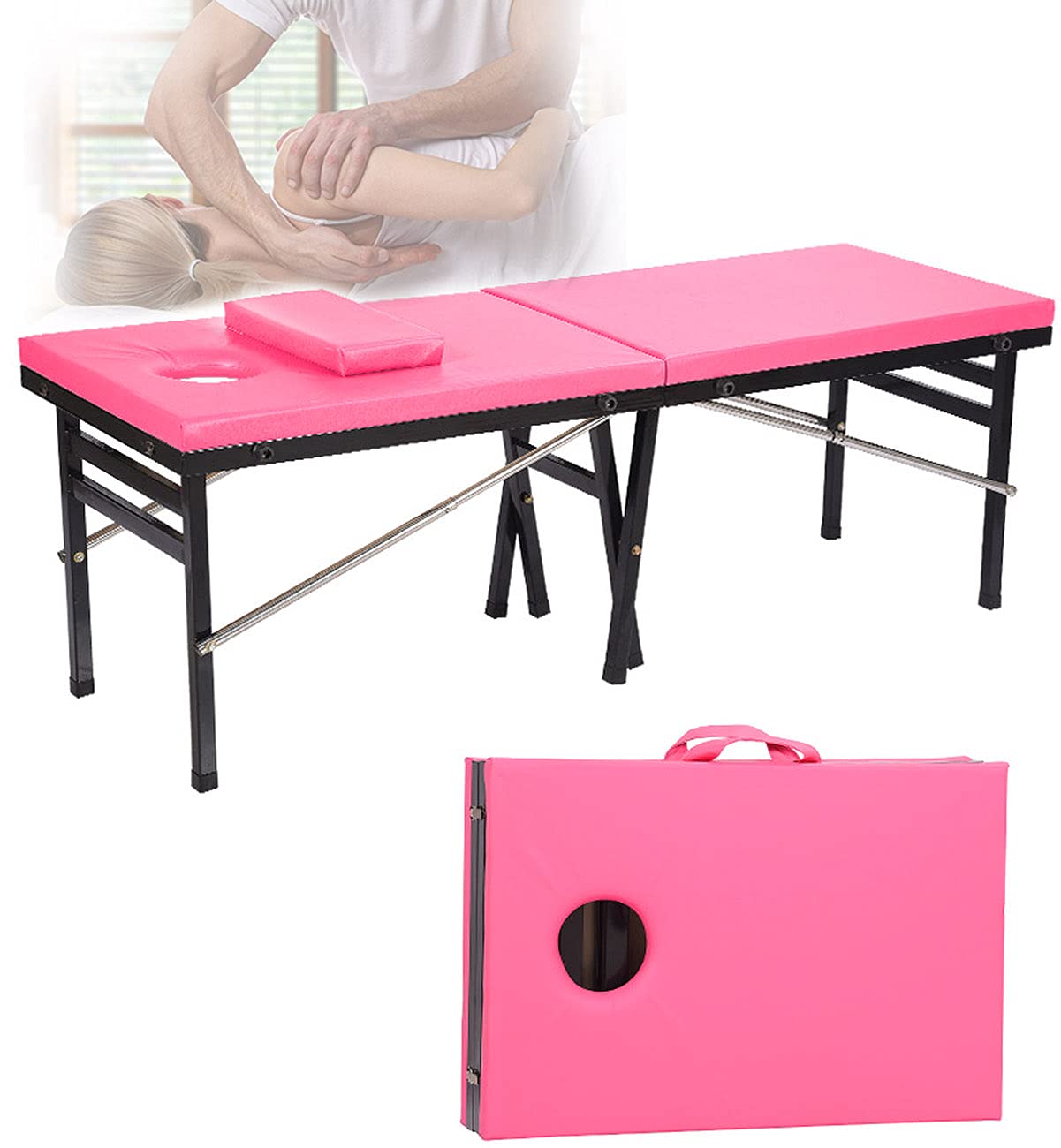 Lettino da estetica Portatile e Leggero per Massaggi di Fisioterapia, in Spugna di Pelle ad Alta resilienza, Mobile Pieghevole Professionale(Pink