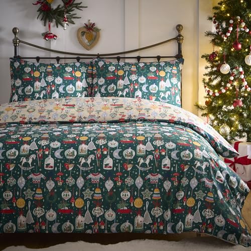 Fusion Christmas Ornaments Double Duvet Cover Set, 52% Recycled Polyester 48% Cotton, 200x200cm, Green, Reversible Print, 56 Pick - Image 2