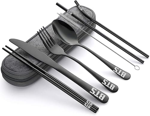 Kpop BTS Bangtan - Juego de cubiertos de viaje para niños juego de utensilios de almuerzo portátil con estuche y paja pajita recta cuchillo tenedor