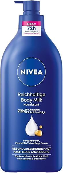 Die NIVEA Reichhaltige Body Milk in der praktischen 625 ml Pumpflasche.