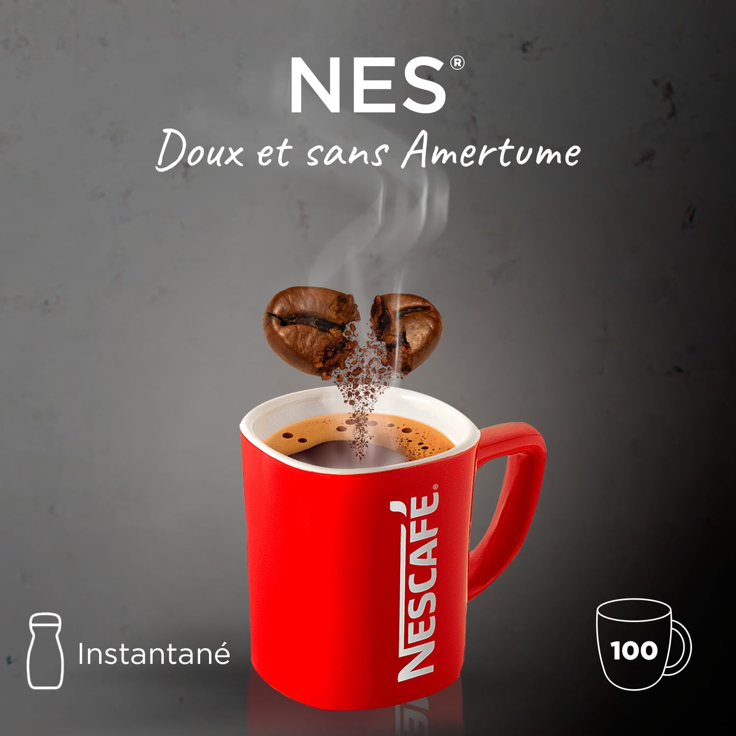 La boîte de 200g du café soluble Nescafé NES, version Dark Roast, promettant une expérience sans amertume.