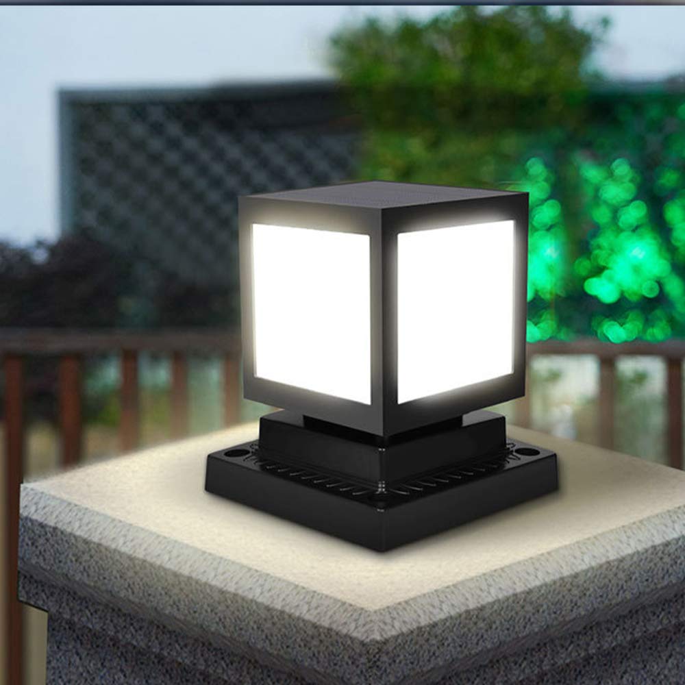 Solarna zewnętrzna lampa słupkowa LED, wodoodporna, ogrodowa lampa solarna do bramy, dziedzińca, werandy, Ø15 cm, czarny kwadrat, 6000 K