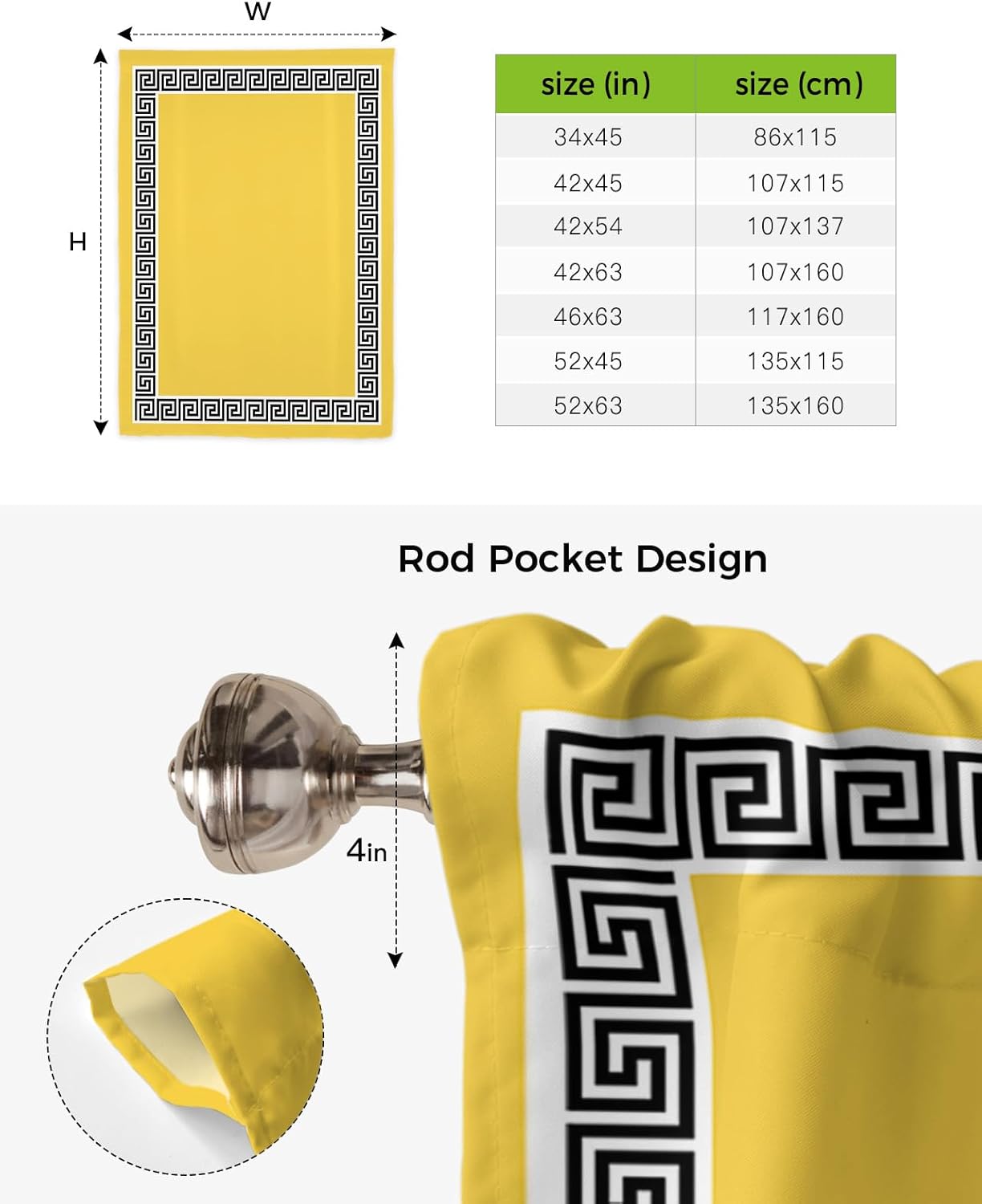 Yellow Black Tie Up Curtains for Kitchen Bathroom Bedroom Windows 63 Inch Length,Balloon Drape Curtains Shade Rod Pocket Drapery Curtain Greek Modern Minimalist Geometric Abstract Art 1 Panel,52"x63"