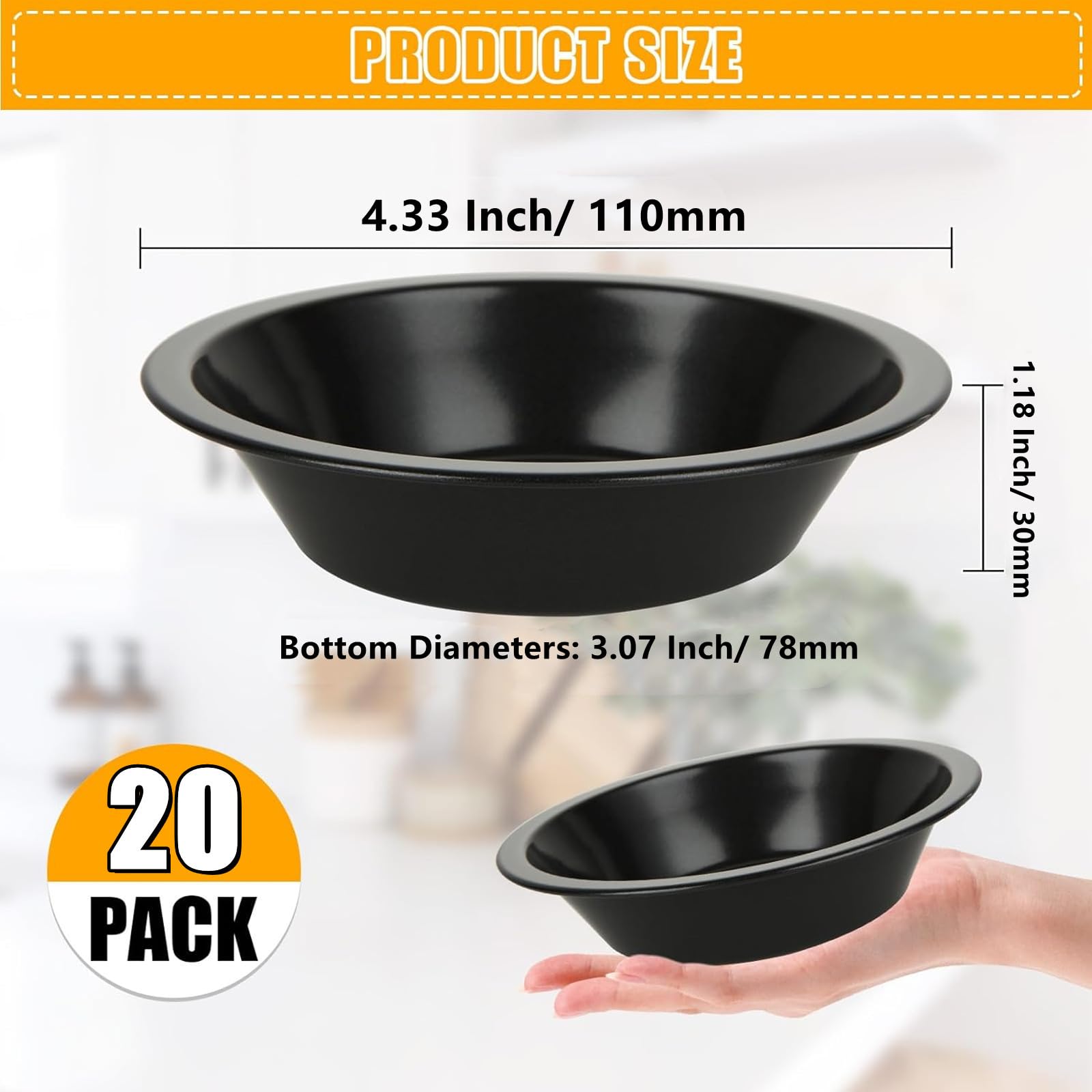 RHBLME 20 PACK Mini Pie Pans, 4 Inch Reusable Small Pie Pans Nonstick Small Pie Tins, Carbon Steel Pie Pans for Baking, Round Bread and Meat Pie Tins for Cake Bread Meat Dessert, Black