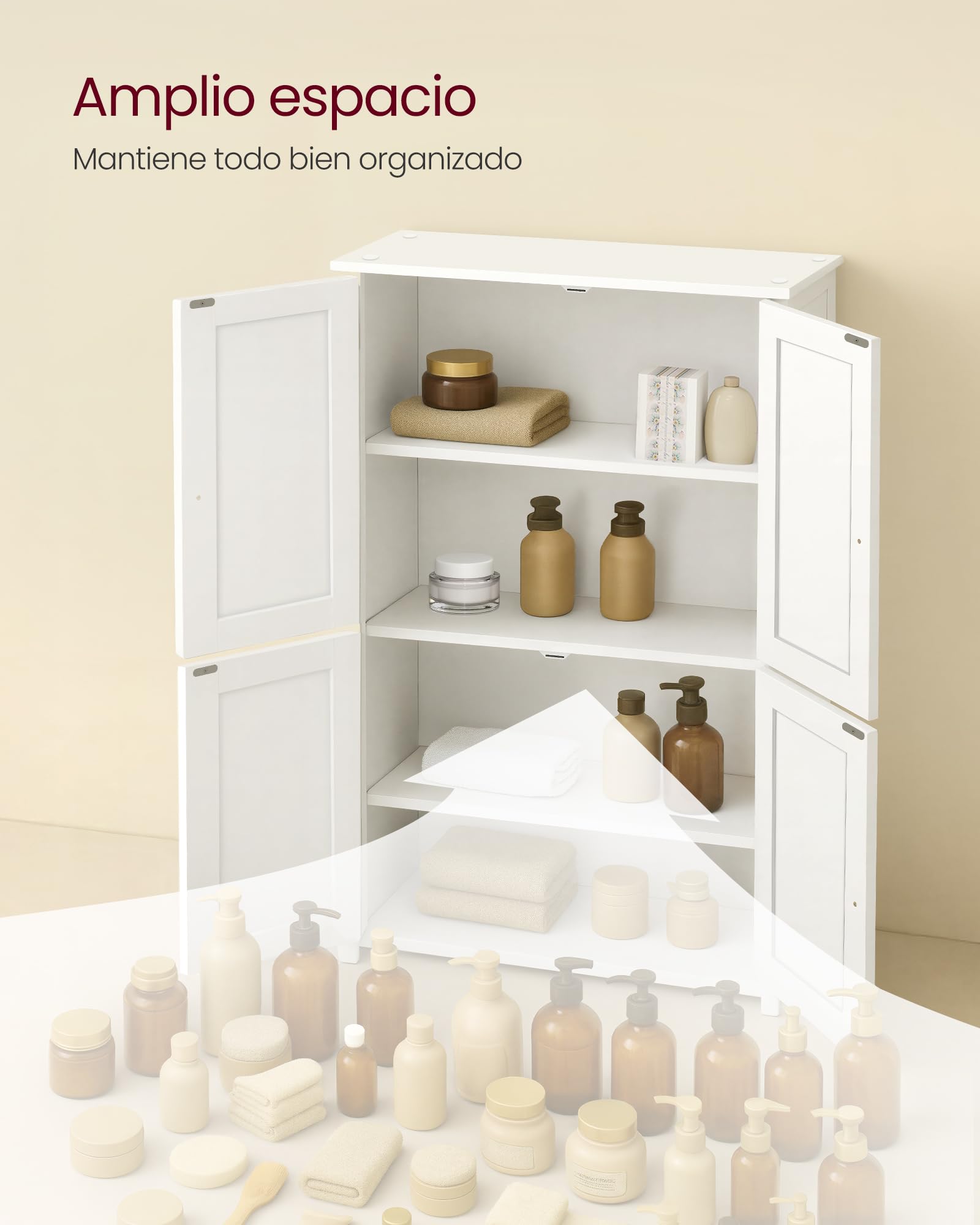 VASAGLE Mueble de Baño, Armario de Almacenaje, con 2 Estantes Regulables y 4 Puertas, Mueble Alto para Cocina, Blanco Nube BBC553WH01