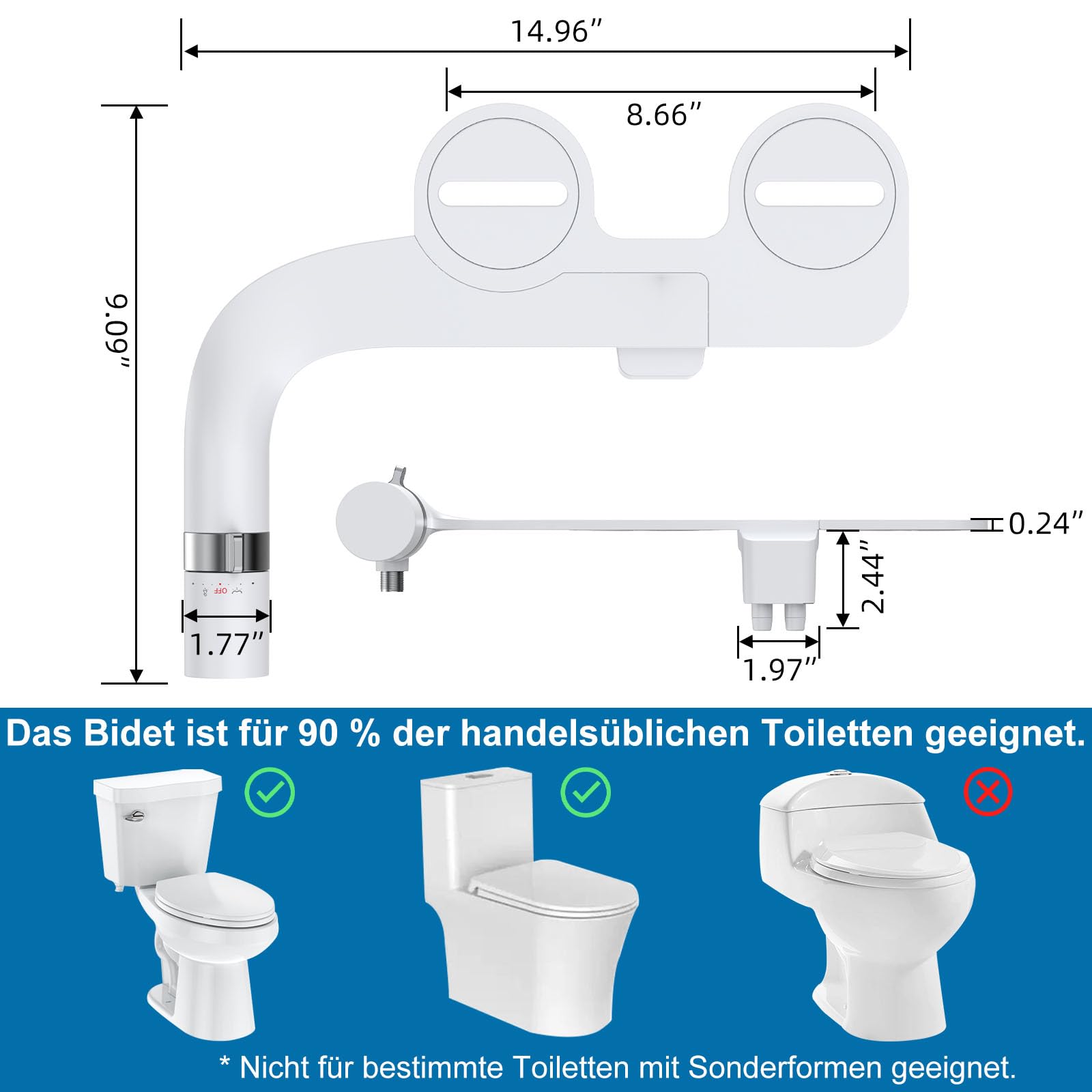 Bidet Aufsatz, Ultra-Slim Bidet Einsatz für Toilette mit Nicht Elektrischer Selbstreinigender Doppeldüse (Hintere/Weibliche Reinigung), Einstellbarer Wasserdruck, Weiß