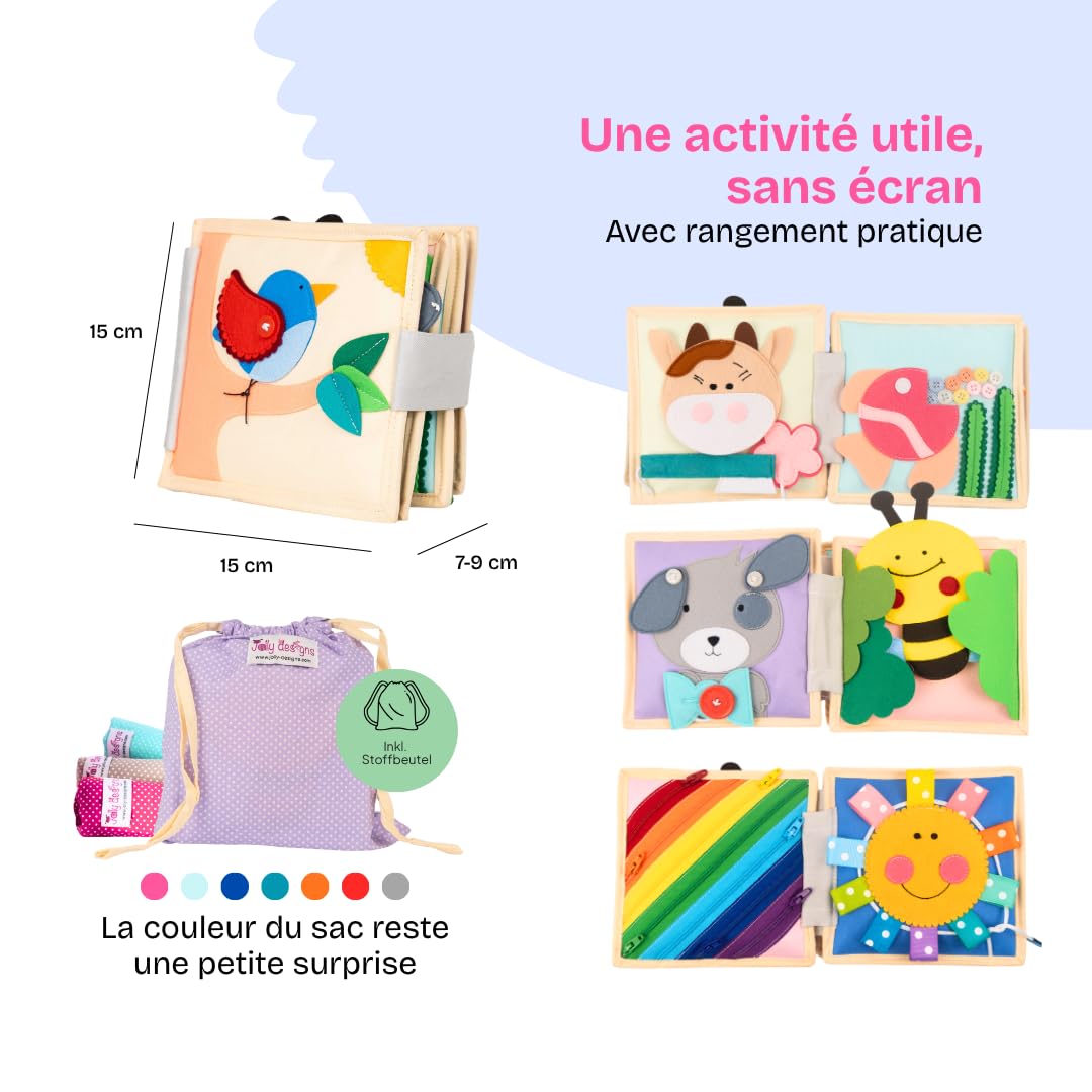 Jolly Designs Mini Quiet Book Oiseau Magique – Jouet Montessori dès 1 an – Livre d‘activités en Feutrine – Livre sensoriel & de motricité Fine – Jouet de Voyage pour bébé & Enfant en Bas âge