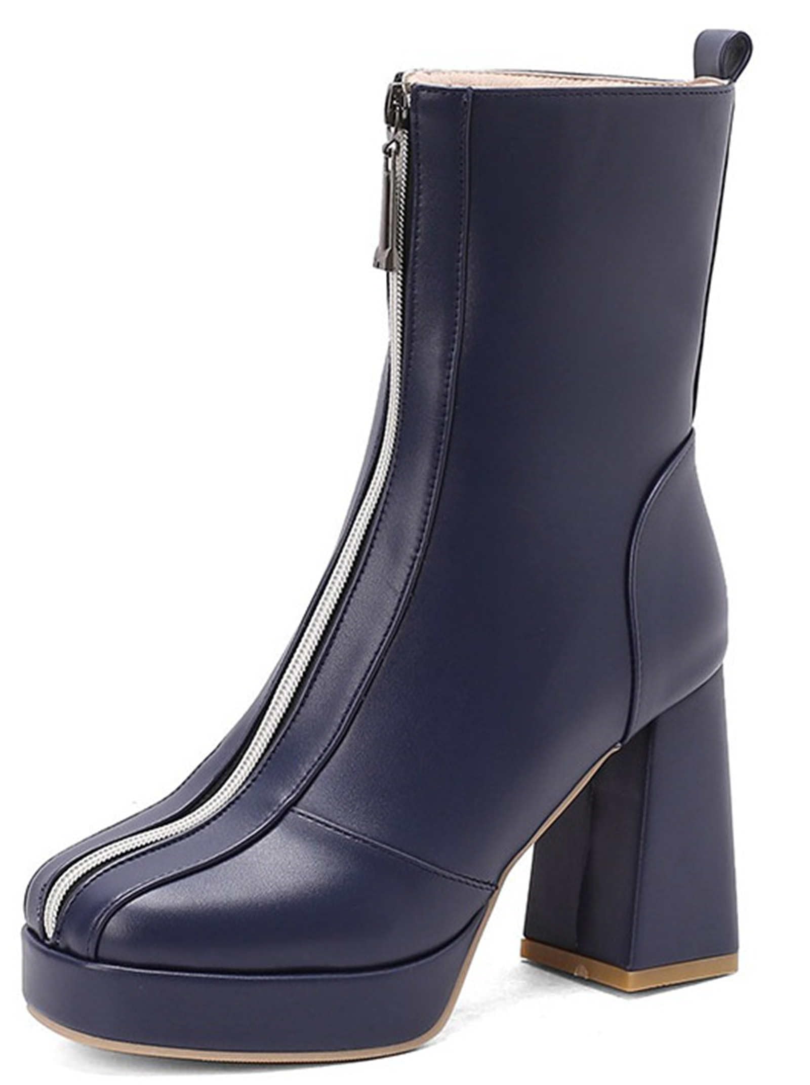 Womens Ankle Boots Chunky Heel Platform Booties Front Zipper Rounded Toe High Heel Shoes