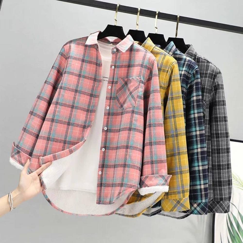 MIDJ Damen Bluse Elegant, Damenhemd Flanell Sherpa Baumwolle Weiß Und Schwarz Schlichte Karierte Hemden Langarmhemden Schicke Hemden Dicke Leichte Jacken Holzfällerhemden