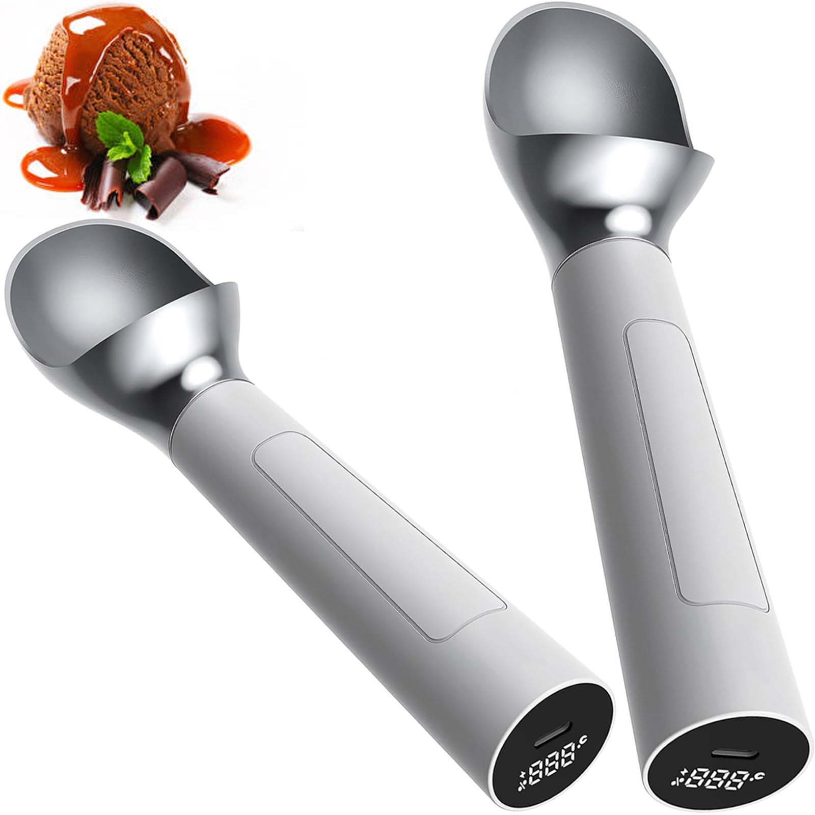 Cuillère à glace chauffante électrique, cuillère à glace chauffante automatique, 2 cuillères à glace chauffantes rechargeables avec affichage intelligent, capacité de 2 oz, étanché