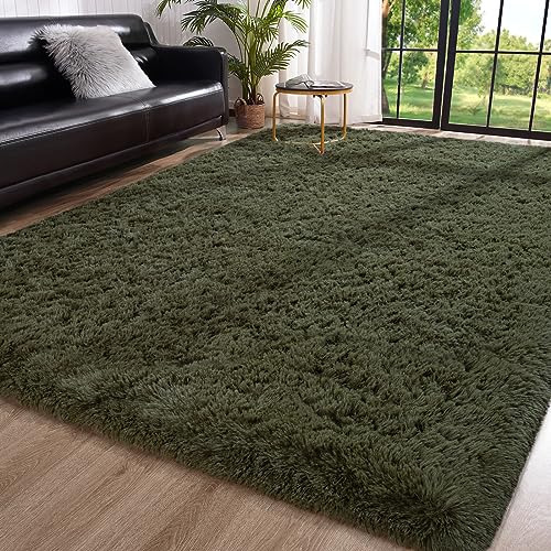 Image of Toneed Fluffy Area Rug for Bedroom Living Room, 4 x 6 Feet Olive Green Shaggy Rug Super Soft Modern Indoor Rug Fuzzy Plush Carpet for Dorm Nursery Kids Room Home Decorative