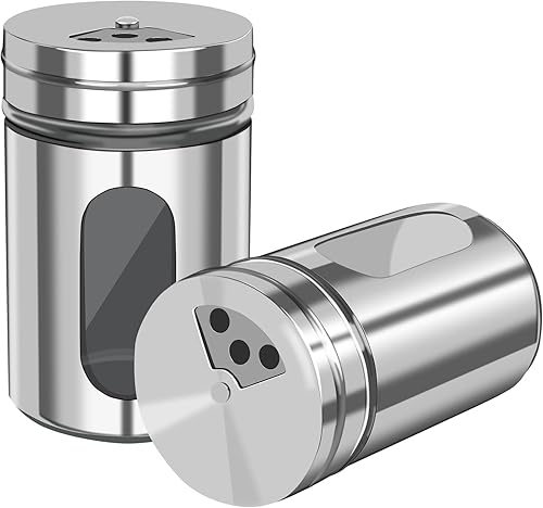 2 saleros y pimenteros de acero inoxidable con agujeros ajustables para verter, elegantes cocteleros de especias de vidrio y metal para especias