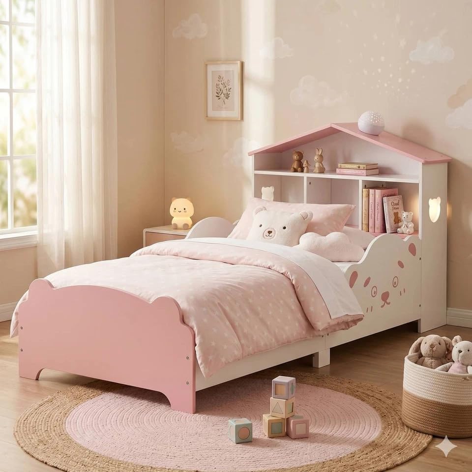 URBNLIVING Wooden Toddler Bed with Integrated Bookshelf Storage – Junior Kids Bed Frame with Built-in Bookcase for Bedroom Organisation (PINK) — view 2