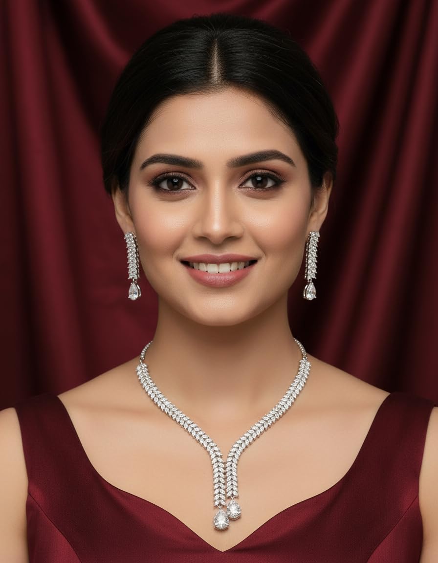 Premium AD Diamond Necklace Set for Women | American Diamond Bridal Jewellery Set with Earrings and Maang Tikka | Wedding Special Choker Necklace-image-4