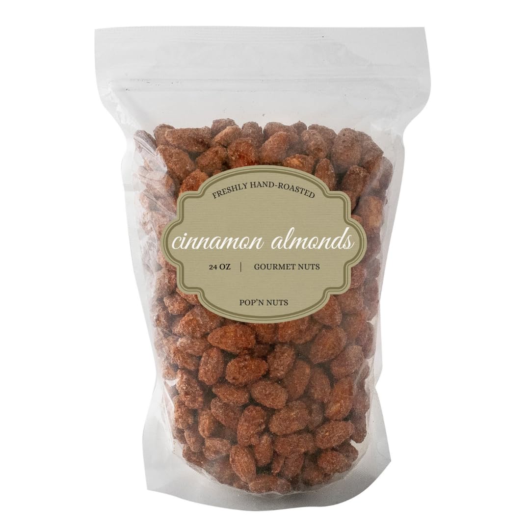 Cinnamon Roasted Almonds 24 oz (1.50 lb) - Candied Almonds Glazed with Cinnamon to Satisfy Any Sweet Tooth - Artisan Hand-Roasted Sweet Nuts by Pop’N Nuts