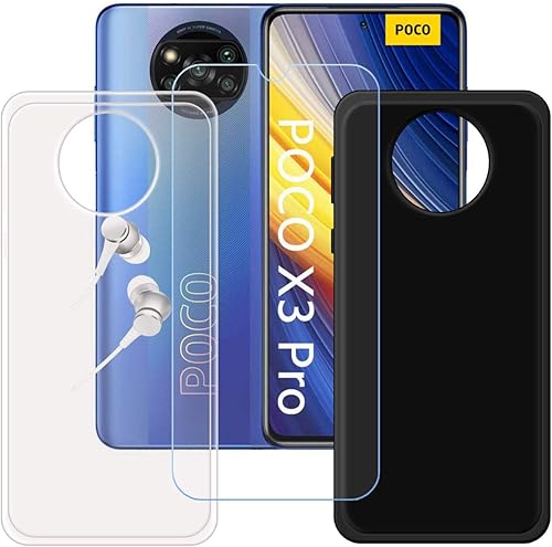 FZZSZS Funda para Xiaomi Poco X3 Pro + Protector de Pantalla de Vidrio Templado, Película Protectora, Delgada Transparente + Negro Gel Suave TPU