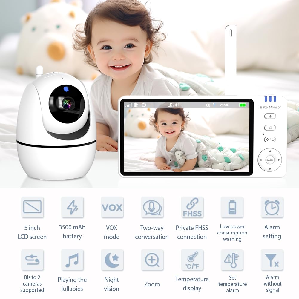 Ade Baby Monitor Video e Audio, per rimanere sempre in contatto con il tuo bambino in modo sicuro e riservato, schermo da 5", zoom x2, Audio Bidirezionale, VOX, Visione Notturna, Ninne Nanne