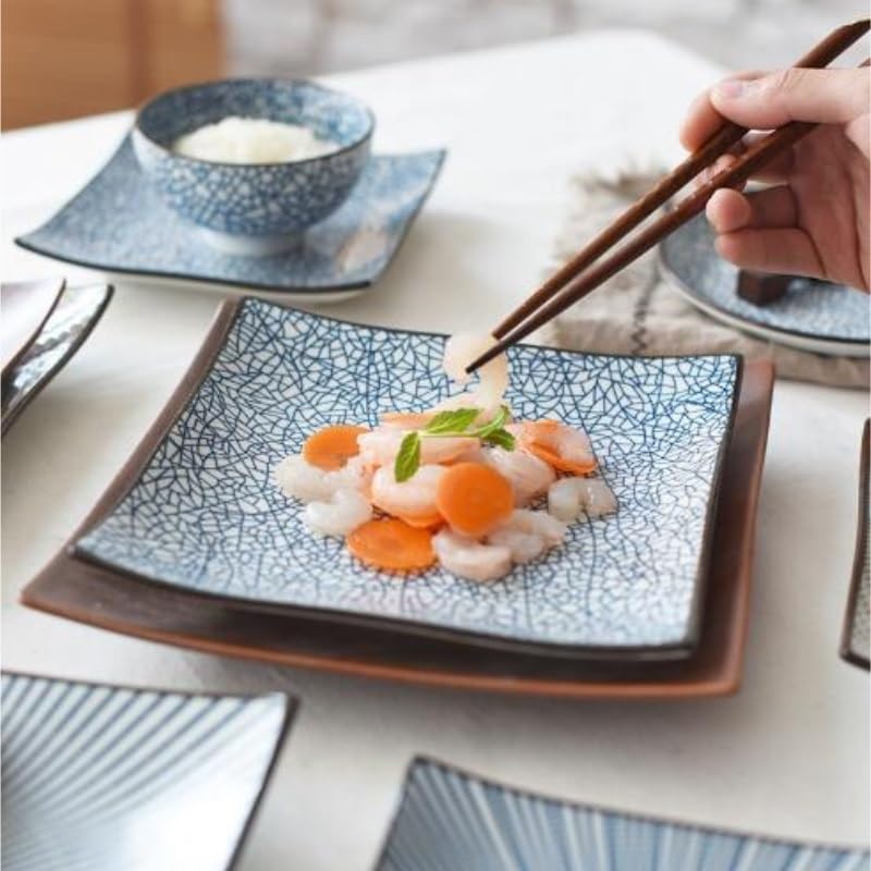 Assiettes plates japonaises carrées en céramique - Bleu et blanc - Assiettes à dîner empilables