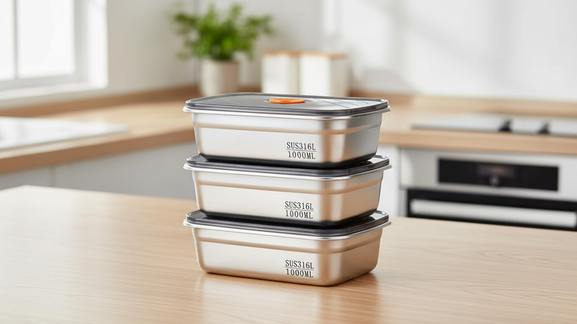 Stainless Steel Food Storage Containers With Airtight Lids Set, Stackable Leak Proof Metal Container Kitchen Storage Set, Draining Crisper Refrigerator Food Box (1000 ML (3-PCS))-image-14