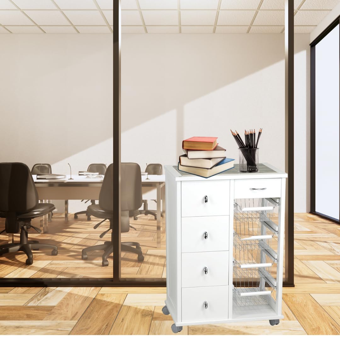 Carrello Cassettiera Multiuso - 5 Cassetti, 4 Cestelli in Metallo, Struttura in Legno Faggio, Piano Mattonelle in Ceramica, Ruote in Plastica Gommata, Made in Italy - 85x59x39 cm (Bianco)