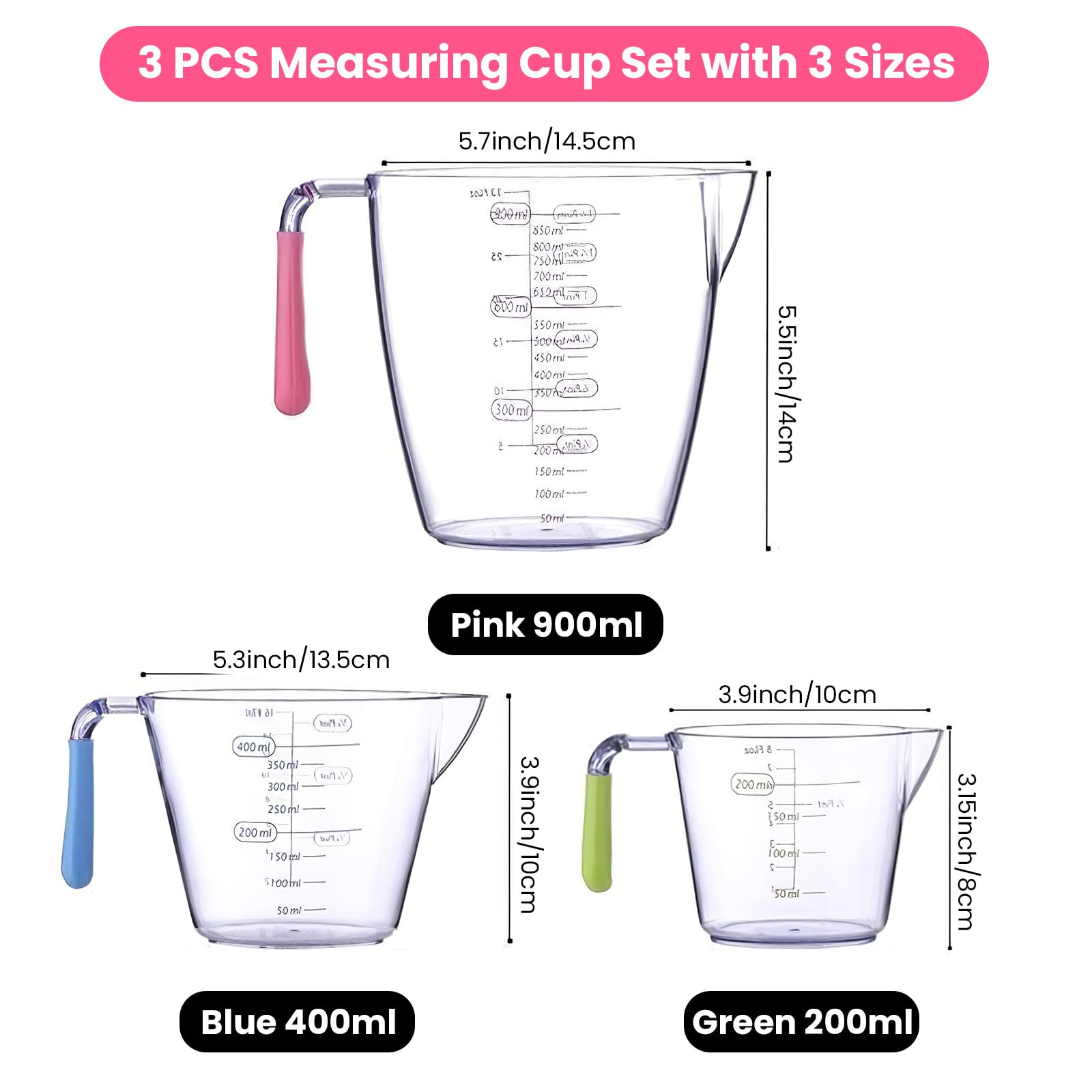 3PCS BPA-Free Plastic Measuring Jugs for Kitchen & Baking, Set including Handle, 200ML/400ML/900ML, Multicolour - Image 2