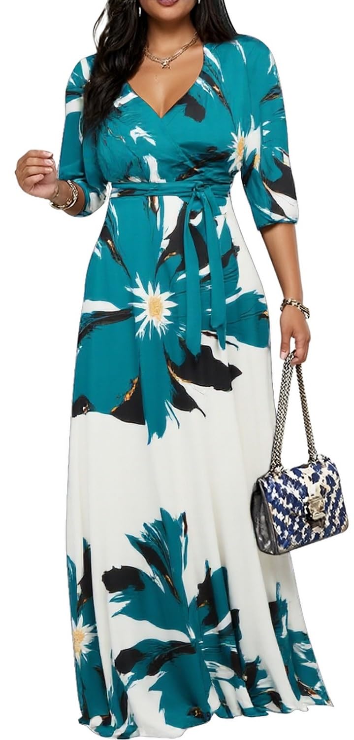 Women's Church Maxi Wrap V Neck 3/4 Sleeve Tie Waist Plus Size Long Dress